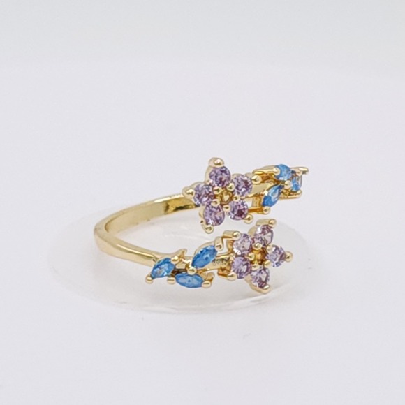 Adjustable Zircon Leaf & Flower Ring Gold Tone Purple & Blue Stones NWOT - Picture 13 of 15